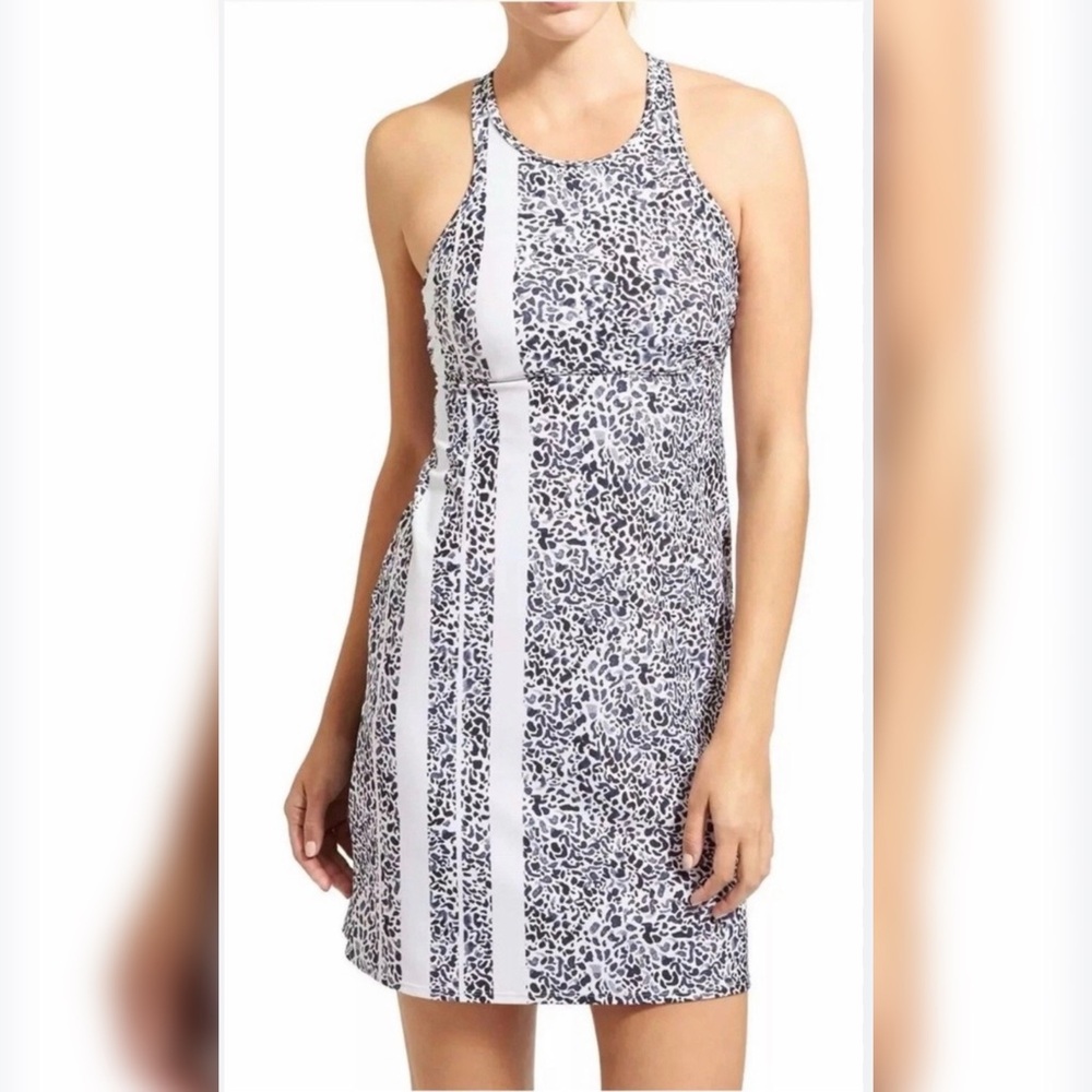 Athleta Zimbabwe Swim Dress Blue White Animal Print Striped High Neck